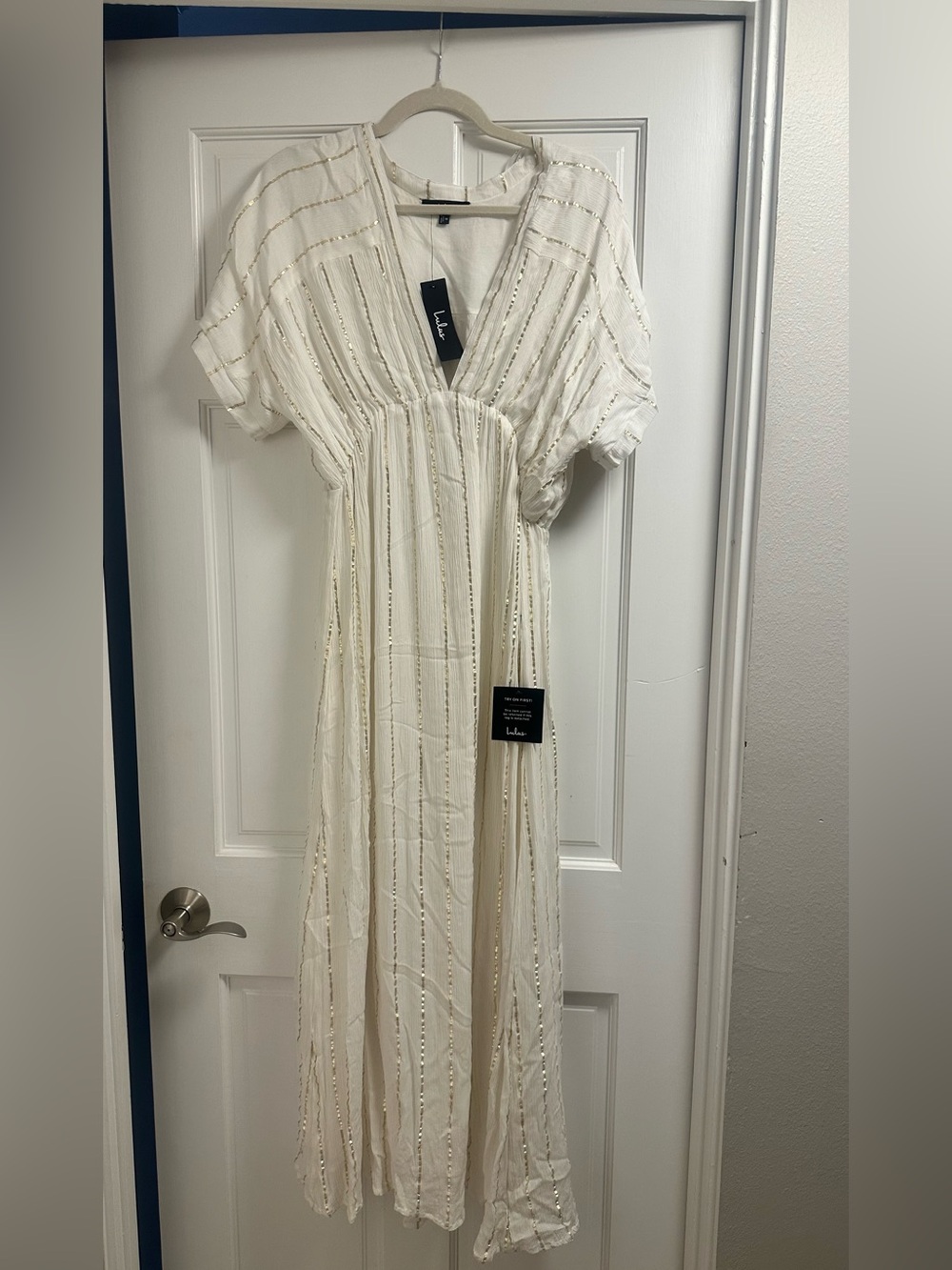 Lulus Goddess Vibes Ivory Gold Striped Dolman Sleeve Maxi Dress - Picture 4 of 6